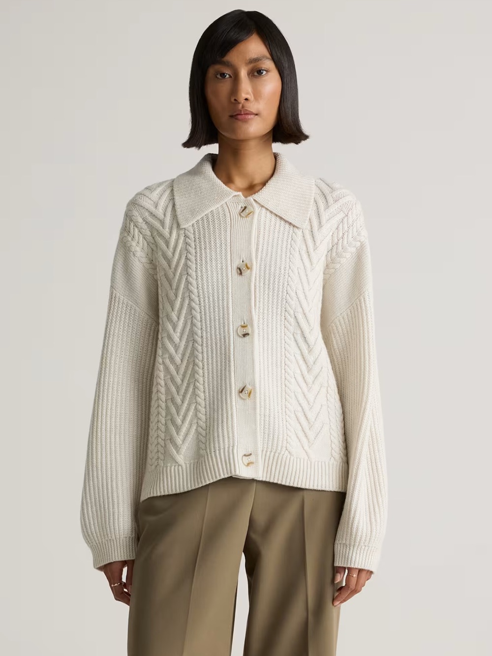 QUINCE Merino Wool Collared Cable Knit Sweater